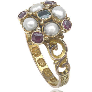Suffragette... Antique Emerald, Garnet and Pearl ring -2599