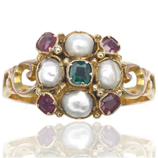 Suffragette... Antique Emerald, Garnet and Pearl ring -0