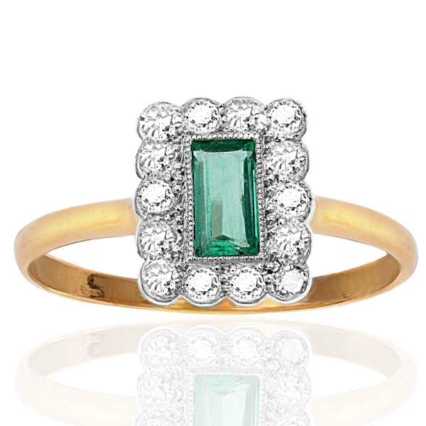 Glorious... Original Art Deco Emerald and Diamond Plaque ring-0