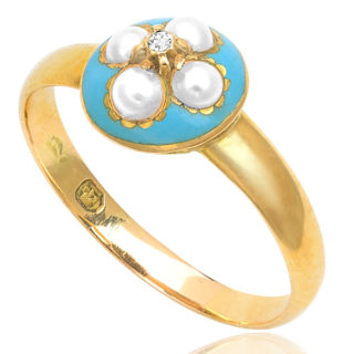 Antique Turquoise Enamel, Pearl and Diamond ring -3194